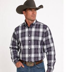 Cinch Men’s Purple Gray Plaid Button-Down Western Shirt 100% Cotton Size Medium